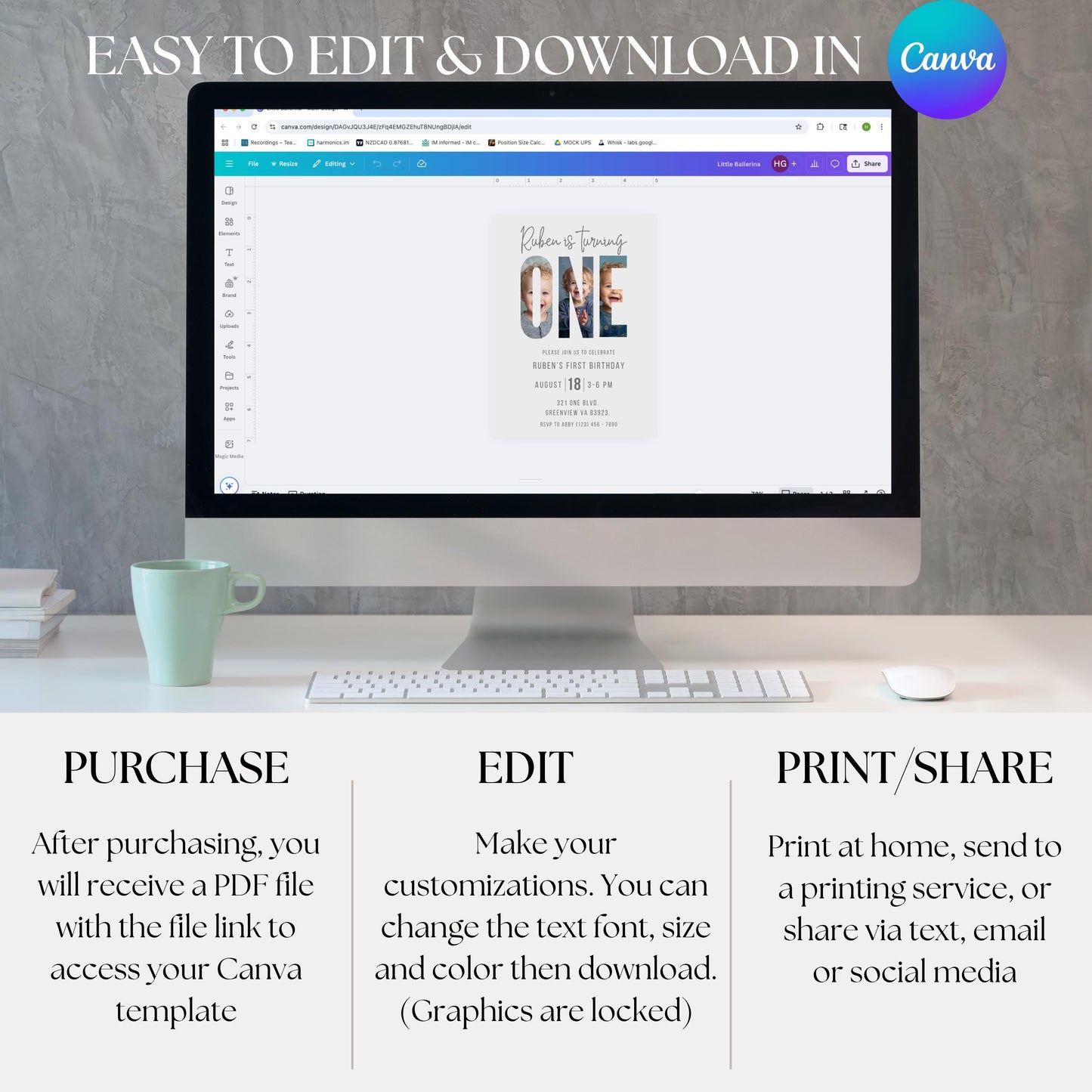 Editable First Birthday Invitation 1st Birthday Party Invite Minimalist Boho 1st Boy Birthday Girl Birthday Instant Digital Download One