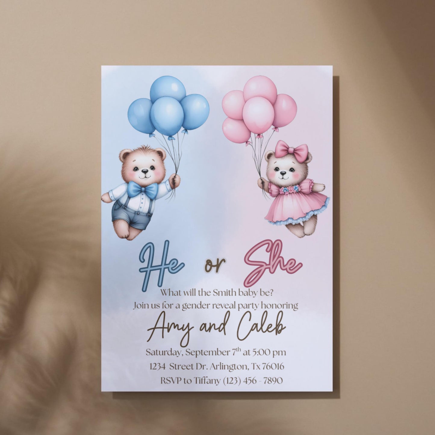 Bear Gender Reveal Invitation Boy or Girl Invite Editable Template Cute Teddy Bear Party Instant Download Printable Invite Gender Reveal