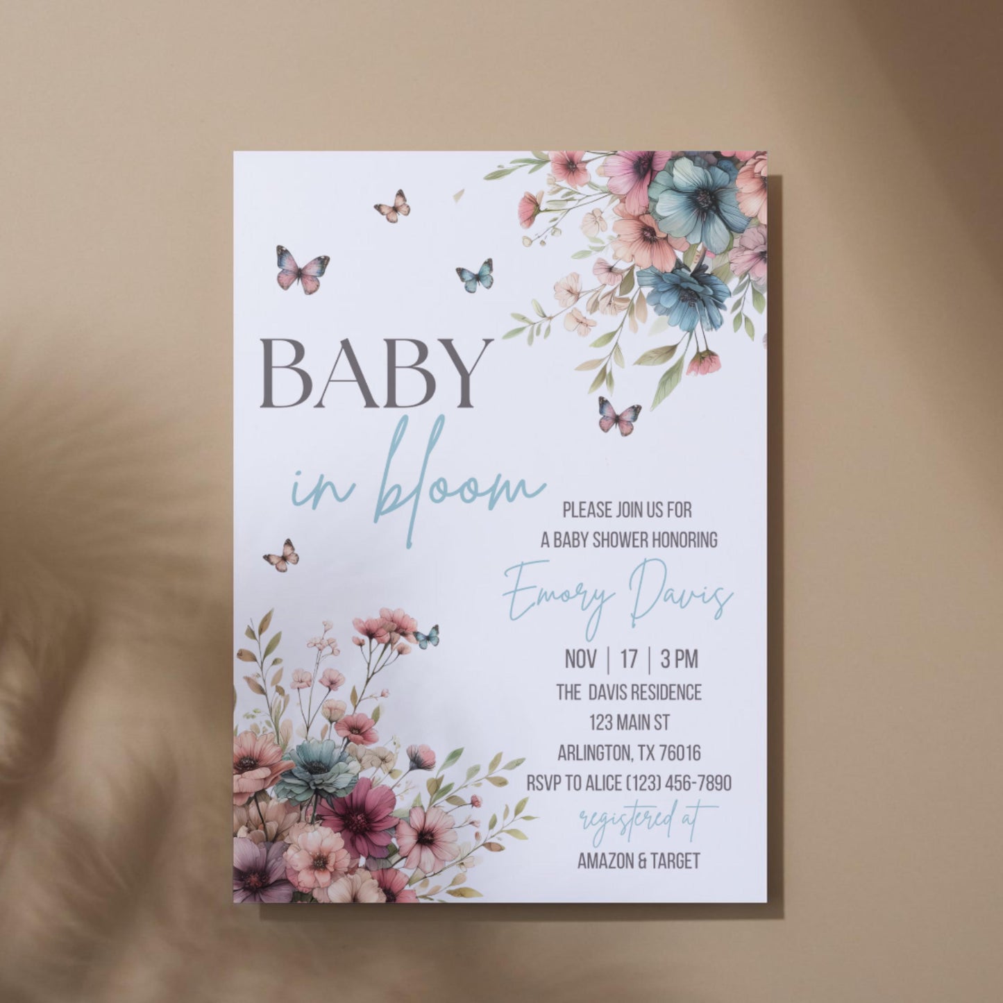 Baby in Bloom Baby Shower Invitation Floral Baby Shower Invite Blue Baby Shower Invite Canva Template Printable Invitation  Gender Neutral