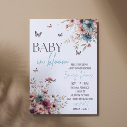 Baby in Bloom Baby Shower Invitation Floral Baby Shower Invite Blue Baby Shower Invite Canva Template Printable Invitation  Gender Neutral