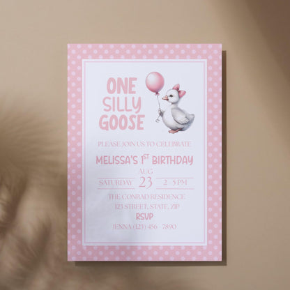 One Silly Goose Birthday Invitation 1st Birthday Party Invite Template  Editable Pink Goose Invite Canva Digital Download Printable Invite