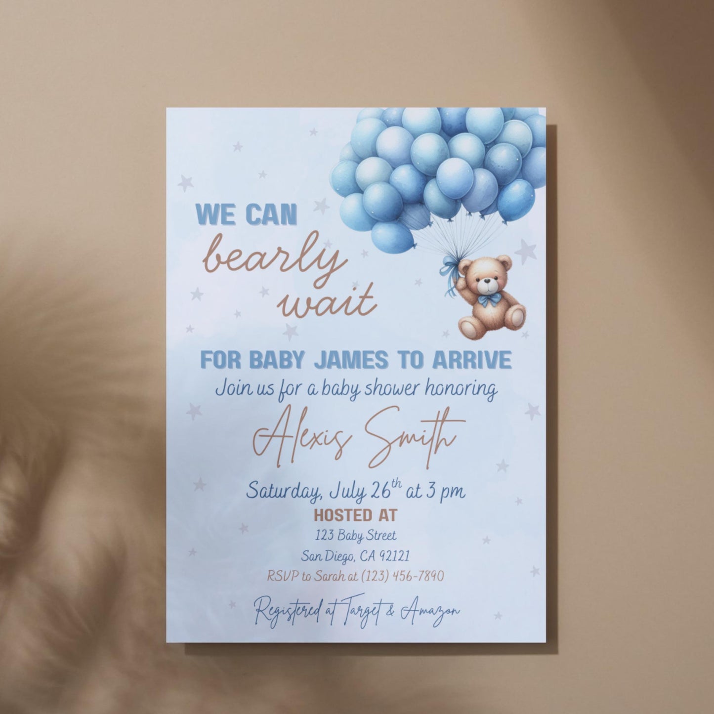 We Can Bearly Wait Baby Shower Invitation Boy Blue Teddy Bear Invite Template  Editable Canva Baby Shower Instant Download Printable Invite