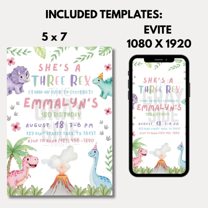 She's a Three Rex Invite Girl Dinosaur Invitation Third Birthday Invite Girls Birthday Invitation Cute Dinosaur Invite Pink Dinosaur Party