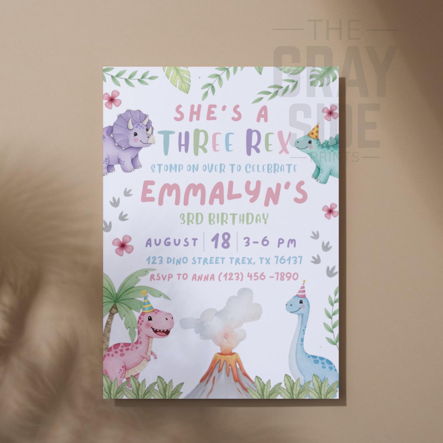 She's a Three Rex Invite Girl Dinosaur Invitation Third Birthday Invite Girls Birthday Invitation Cute Dinosaur Invite Pink Dinosaur Party