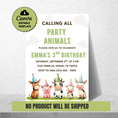 Calling All Party Animals Birthday Invitation Farm Animal Party Invite Editable Barnyard Birthday Template Instant Download Digital Invite