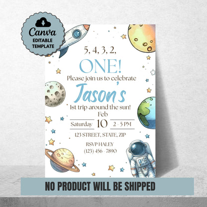 First Trip Around the Sun Birthday Invitation 1st Birthday Space Party Invite Editable Outer Space Template Instant Download Canva Template