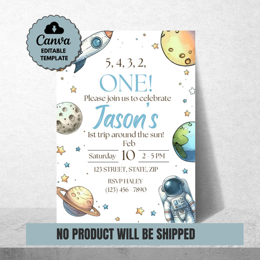 First Trip Around the Sun Birthday Invitation 1st Birthday Space Party Invite Editable Outer Space Template Instant Download Canva Template