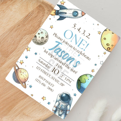 First Trip Around the Sun Birthday Invitation 1st Birthday Space Party Invite Editable Outer Space Template Instant Download Canva Template