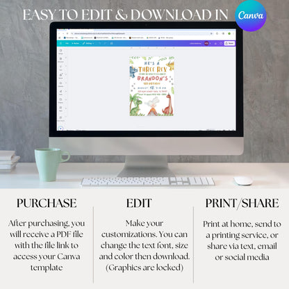 He's a Three Rex Invite Boy Dinosaur Invitation Third Birthday Invite Boys Birthday Invitation Cute Dinosaur Invite Dinosaur Birthday Party