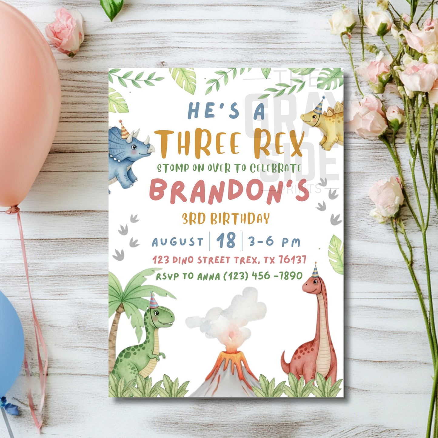 He's a Three Rex Invite Boy Dinosaur Invitation Third Birthday Invite Boys Birthday Invitation Cute Dinosaur Invite Dinosaur Birthday Party