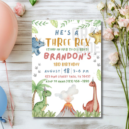 He's a Three Rex Invite Boy Dinosaur Invitation Third Birthday Invite Boys Birthday Invitation Cute Dinosaur Invite Dinosaur Birthday Party