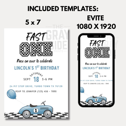 Fast One Birthday Invitation Vintage Car First Birthday Invite Editable Boys 1st Birthday Party Printable Racing Theme Invite Fast 1 Invite