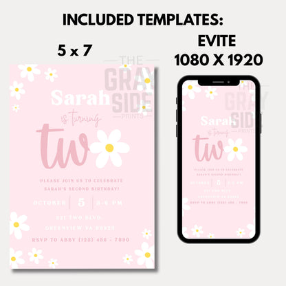 Boho 2nd Birthday Invitation Retro Daisy 2nd Birthday Invite Daisy Groovy Girl Birthday Invite Editable Instant Digital Download