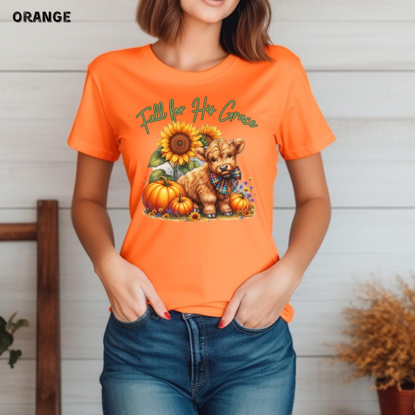 Fall for His Grace Christian Shirt Highland Cow Fall Shirt Pumpkin Shirt Faith Based Shirt Cute Fall Shirt Womens Shirts Bella Canvas Shirt