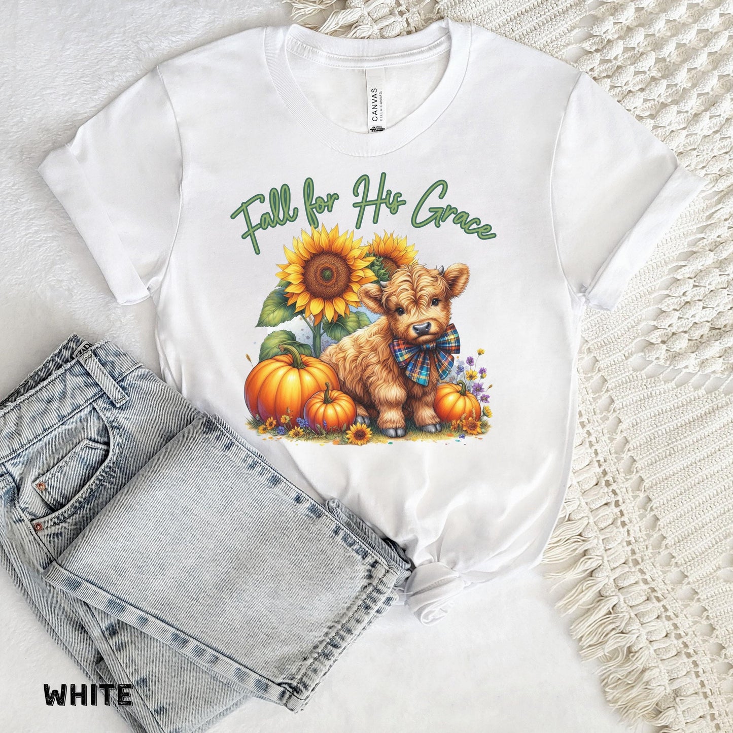 Fall for His Grace Christian Shirt Highland Cow Fall Shirt Pumpkin Shirt Faith Based Shirt Cute Fall Shirt Womens Shirts Bella Canvas Shirt