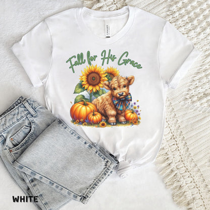 Fall for His Grace Christian Shirt Highland Cow Fall Shirt Pumpkin Shirt Faith Based Shirt Cute Fall Shirt Womens Shirts Bella Canvas Shirt