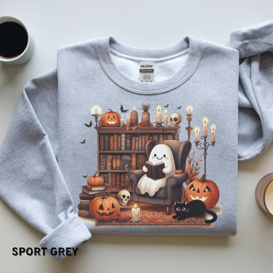 Cozy Halloween Ghost Sweatshirt Retro Ghost Reading Shirt Sweatshirt Cute Spooky Ghost Shirt Halloween Teacher Sweatshirt Halloween Shirt