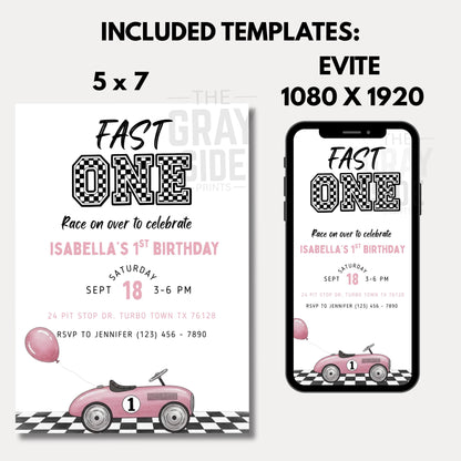Fast One Birthday Invitation Race Car Birthday Invite Girl 1st Birthday Pink Birthday Invitation Editable Template Girls First Birthday