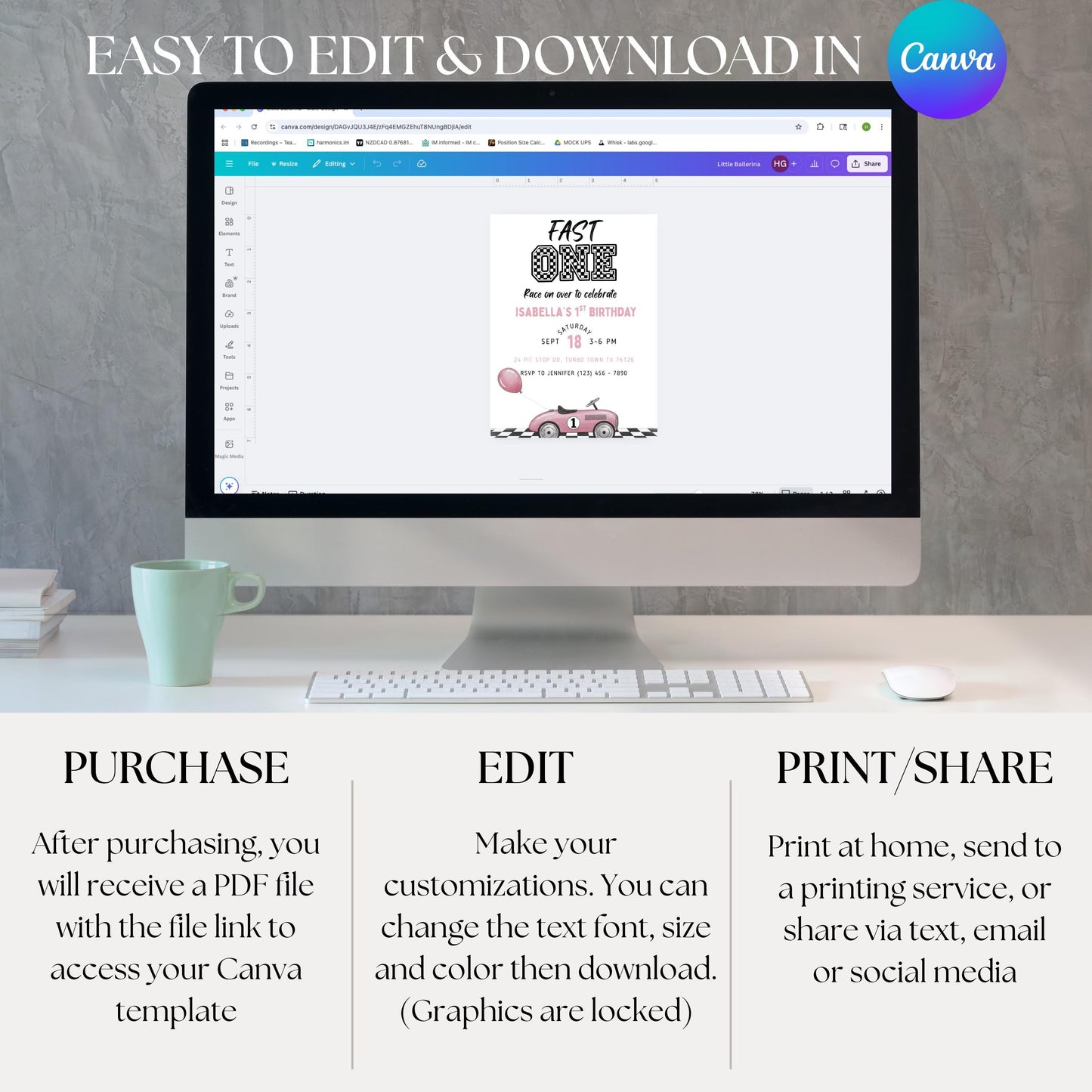 Fast One Birthday Invitation Race Car Birthday Invite Girl 1st Birthday Pink Birthday Invitation Editable Template Girls First Birthday