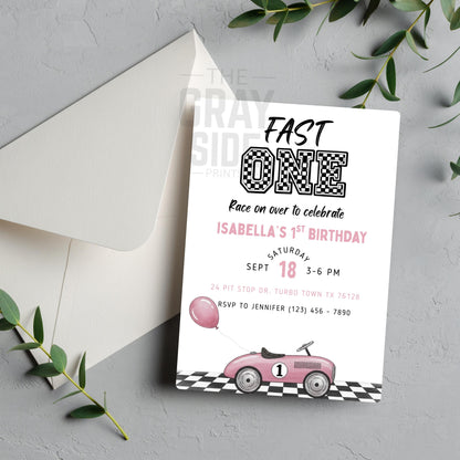 Fast One Birthday Invitation Race Car Birthday Invite Girl 1st Birthday Pink Birthday Invitation Editable Template Girls First Birthday