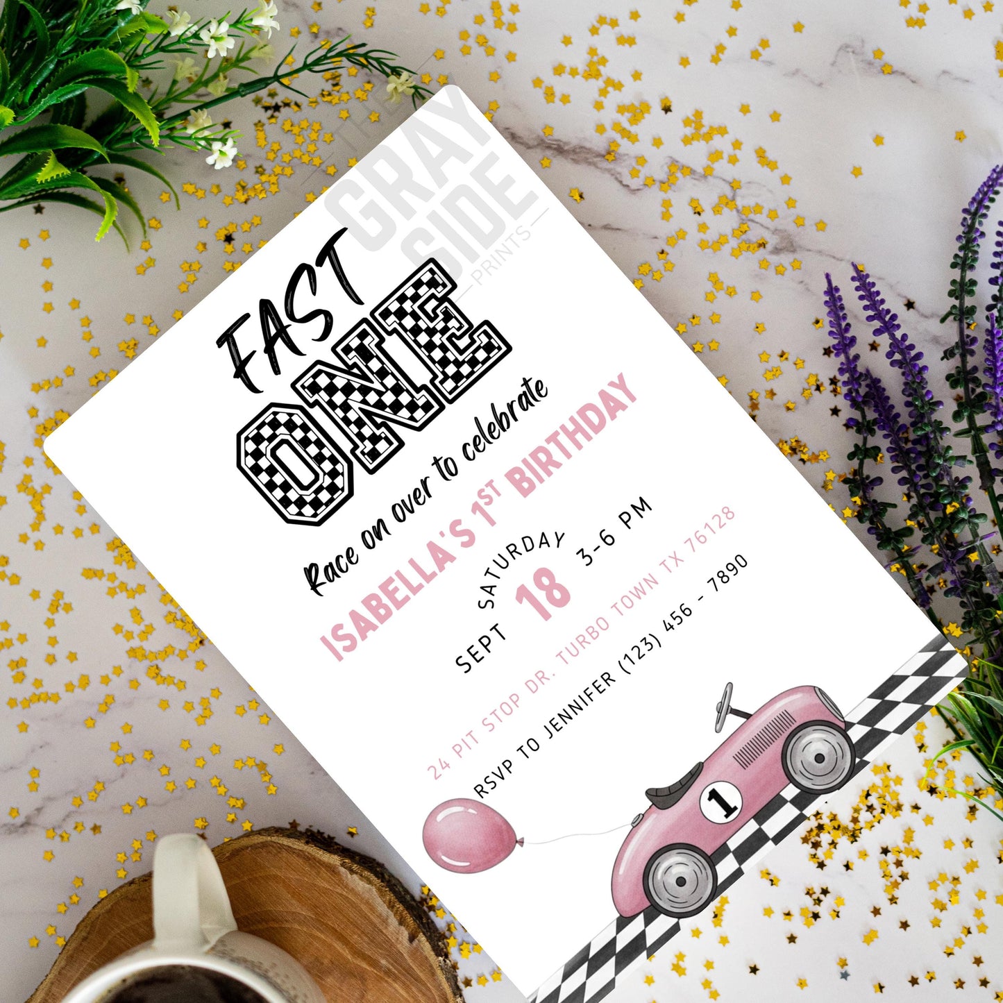 Fast One Birthday Invitation Race Car Birthday Invite Girl 1st Birthday Pink Birthday Invitation Editable Template Girls First Birthday