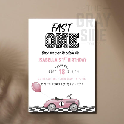 Fast One Birthday Invitation Race Car Birthday Invite Girl 1st Birthday Pink Birthday Invitation Editable Template Girls First Birthday