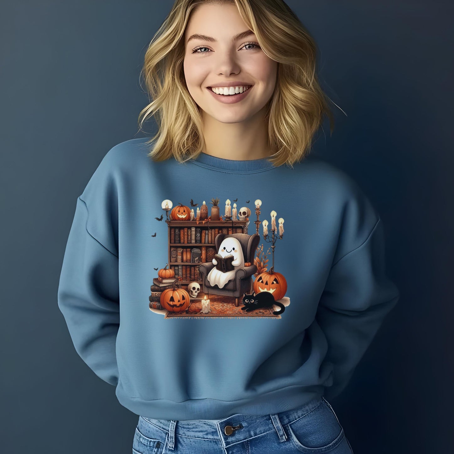 Cozy Halloween Ghost Sweatshirt Retro Ghost Reading Shirt Sweatshirt Cute Spooky Ghost Shirt Halloween Teacher Sweatshirt Halloween Shirt