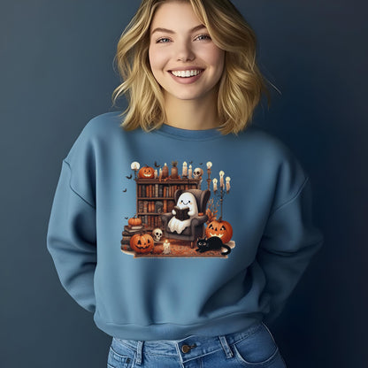 Cozy Halloween Ghost Sweatshirt Retro Ghost Reading Shirt Sweatshirt Cute Spooky Ghost Shirt Halloween Teacher Sweatshirt Halloween Shirt