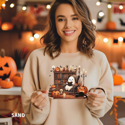 Cozy Halloween Ghost Sweatshirt Retro Ghost Reading Shirt Sweatshirt Cute Spooky Ghost Shirt Halloween Teacher Sweatshirt Halloween Shirt