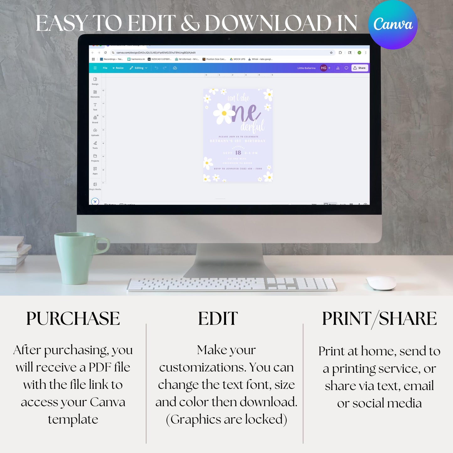 Isn't She ONEderful Invitation First Birthday Invite Girl 1st Birthday Retro Birthday Invite Flower Birthday Invite Canva Template