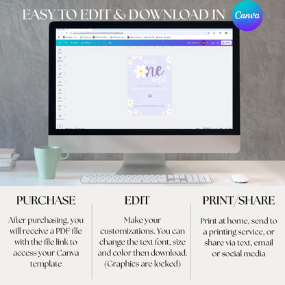 Isn't She ONEderful Invitation First Birthday Invite Girl 1st Birthday Retro Birthday Invite Flower Birthday Invite Canva Template