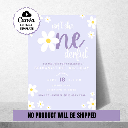 Isn&#39;t She ONEderful Invitation First Birthday Invite Girl 1st Birthday Retro Birthday Invite Flower Birthday Invite Canva Template