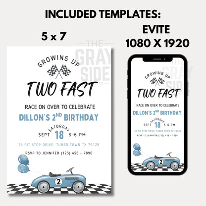 Growing Up Two Fast Invitation 2nd Birthday Race Car Birthday Invite Boy Car Invite Editable Birthday Invite Race Car Invitation Boys Invite