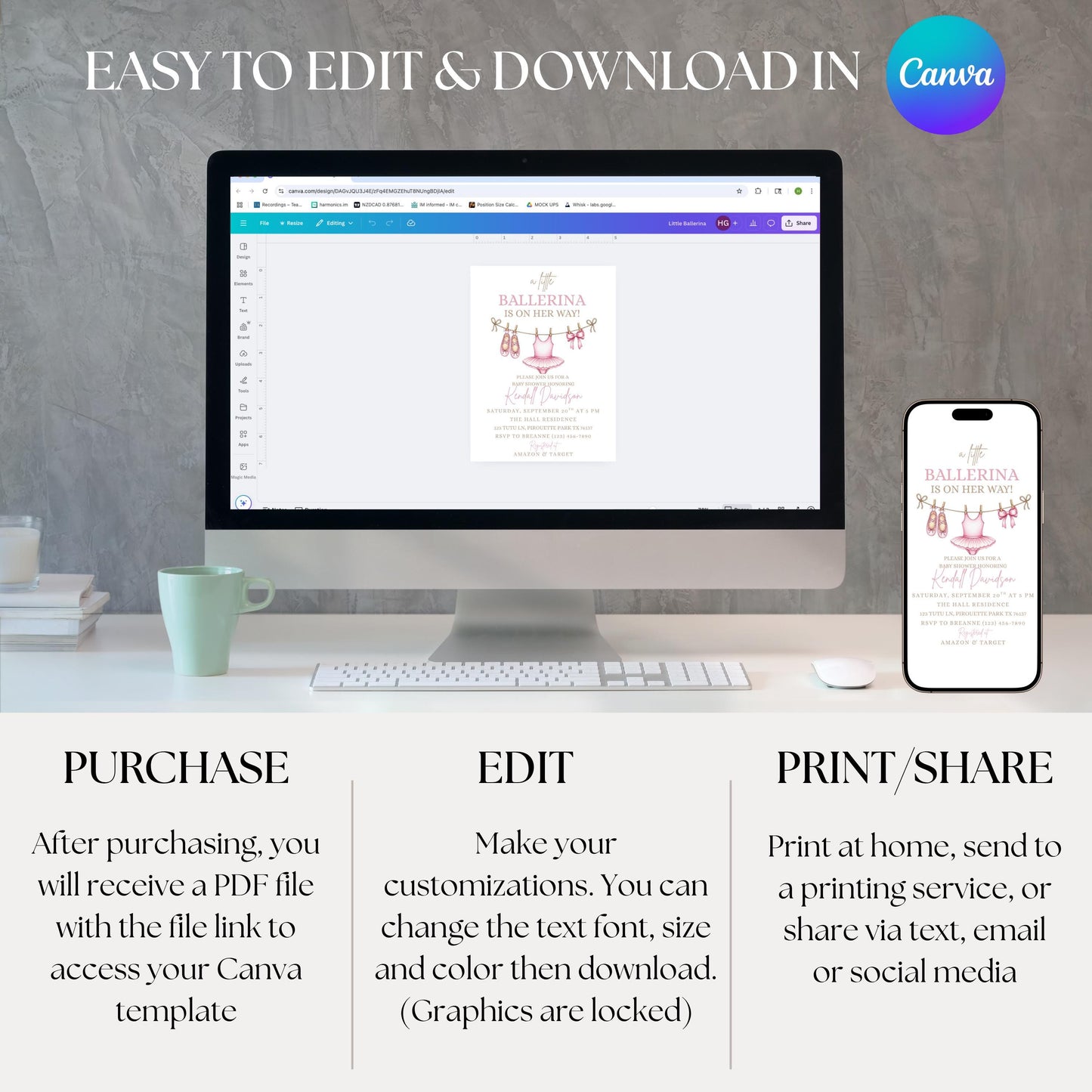 Girl Baby Shower Invitation Pink Baby Shower Invite Editable Girl Baby Shower Template Ballerina Invitation Digital Download Canva Template