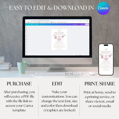 Girl Baby Shower Invitation Pink Baby Shower Invite Editable Girl Baby Shower Template Ballerina Invitation Digital Download Canva Template