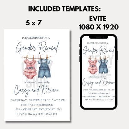 Gender Reveal Invitation Clothesline Gender Reveal Editable Download Boy or Girl Invite He or She Party Invitation Gender Reveal Party