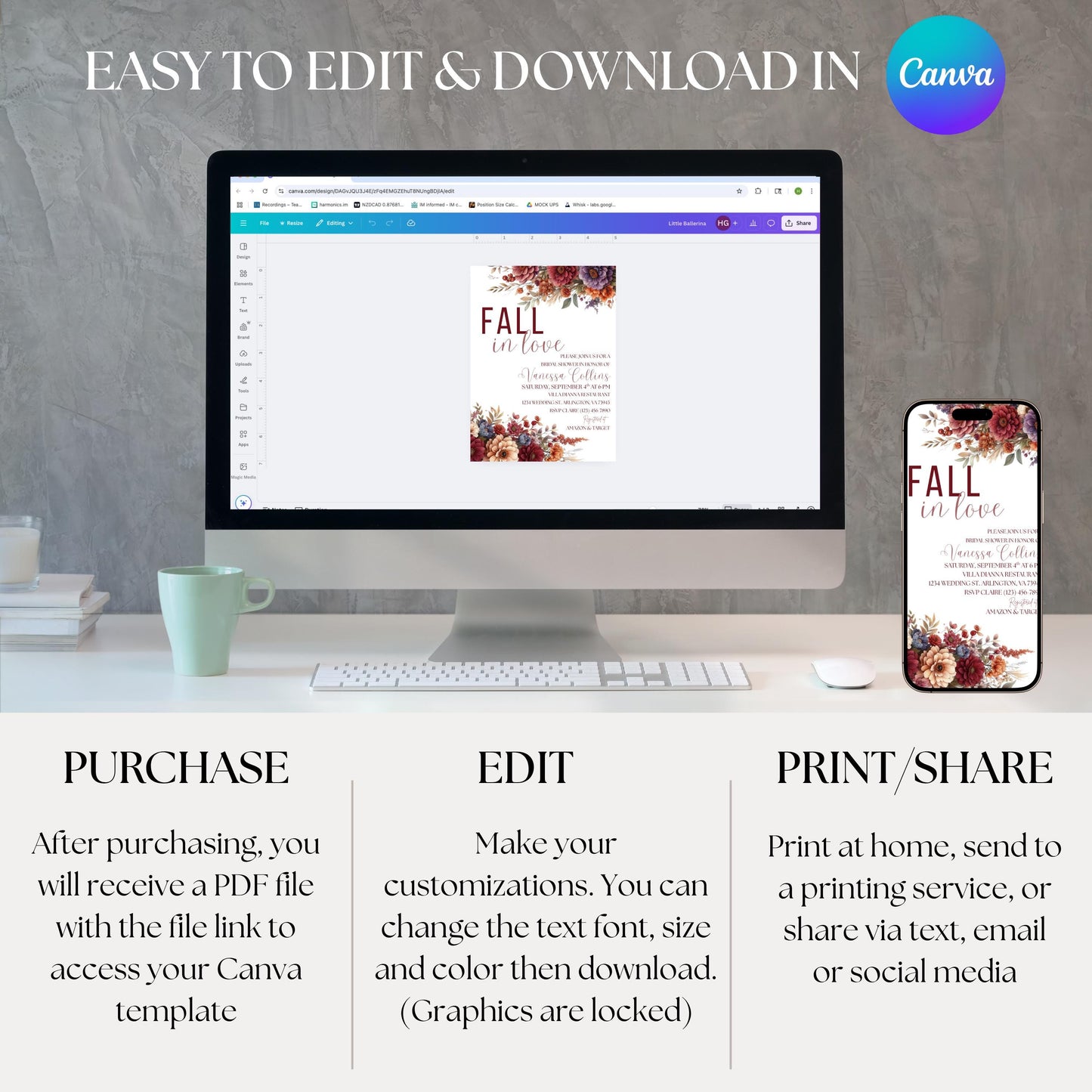 Fall in Love Bridal Shower Invitation Fall Pumpkin Bridal Shower Invite Editable Bridal Shower Invite Fall Bridal Shower Printable Invite