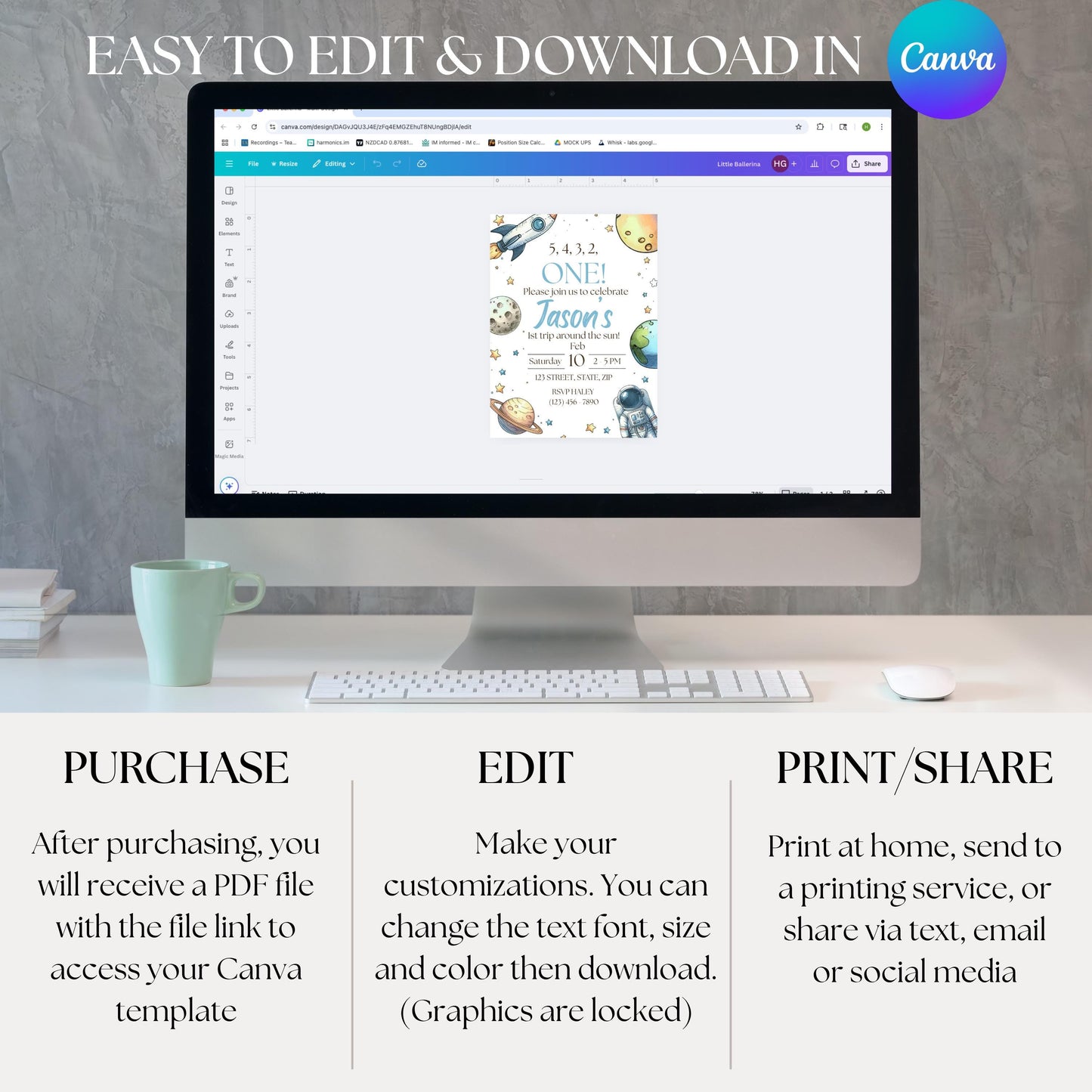 First Trip Around the Sun Birthday Invitation 1st Birthday Space Party Invite Editable Outer Space Template Instant Download Canva Template