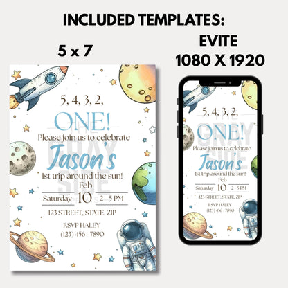 First Trip Around the Sun Birthday Invitation 1st Birthday Space Party Invite Editable Outer Space Template Instant Download Canva Template