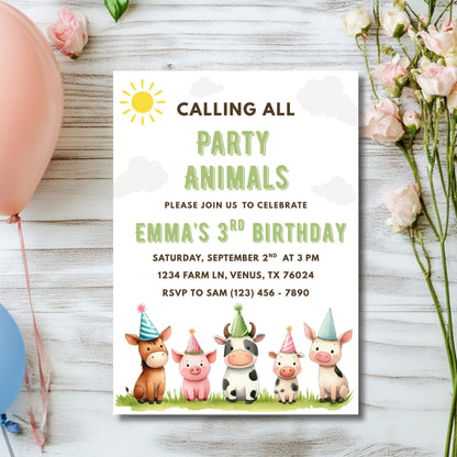 Calling All Party Animals Birthday Invitation Farm Animal Party Invite Editable Barnyard Birthday Template Instant Download Digital Invite