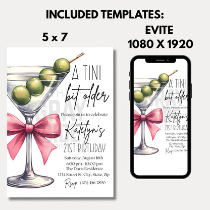 A Tini Bit Older 21st Birthday Invitation Martini Cocktail Party Invite  Editable 21st Birthday Template Instant Download  Digital Invite