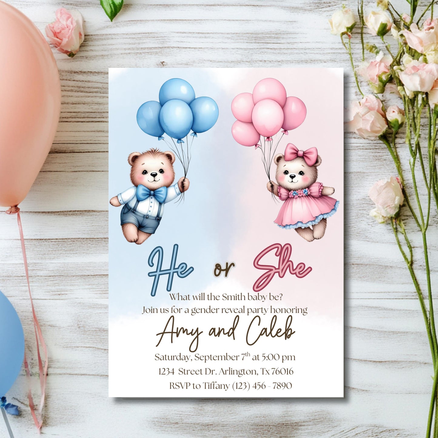 Bear Gender Reveal Invitation Boy or Girl Invite Editable Template Cute Teddy Bear Party Instant Download Printable Invite Gender Reveal