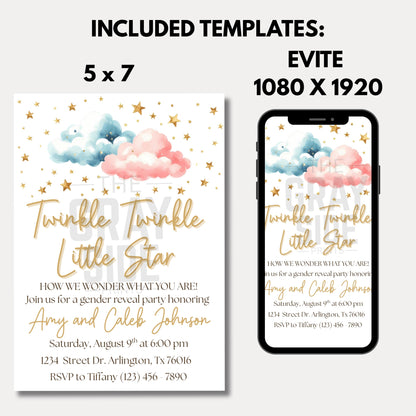 Twinkle Twinkle Little Star Gender Reveal Invitation Editable Gender Reveal Invite Boy or Girl Party Template Instant Download Printable