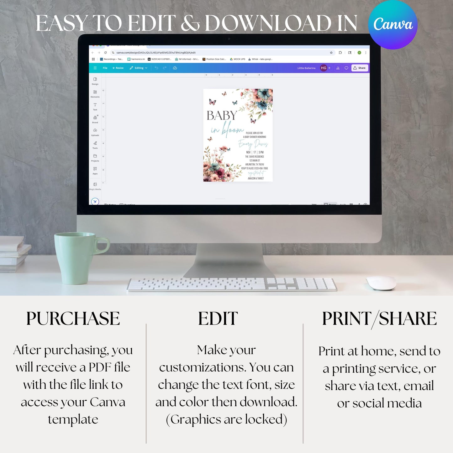 Baby in Bloom Baby Shower Invitation Floral Baby Shower Invite Blue Baby Shower Invite Canva Template Printable Invitation  Gender Neutral