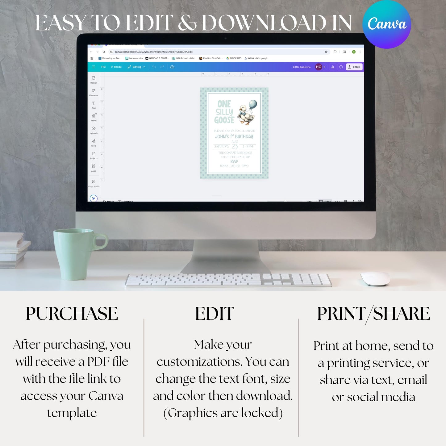 One Silly Goose Birthday Invitation 1st Birthday Party Invite Template Editable Blue Goose Invite Canva Digital Download Printable Invite