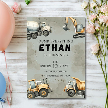 Dump Everything Birthday Invitation Construction Truck Party Invite Editable Template with Dump Trucks & Diggers Instant Download Invitation