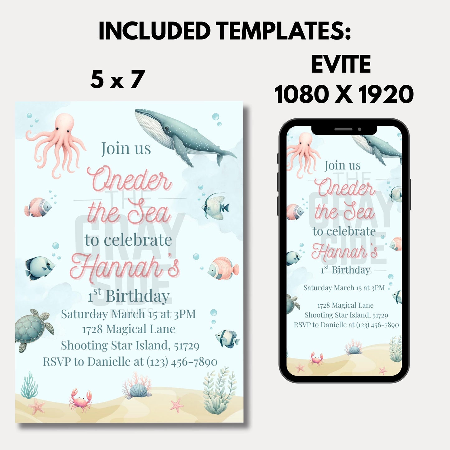 Oneder the Sea Birthday Invitation Ocean Birthday Party Invitation  Printable Ocean Animals 1st Birthday Invite Editable Template