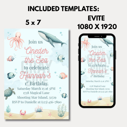Oneder the Sea Birthday Invitation Ocean Birthday Party Invitation  Printable Ocean Animals 1st Birthday Invite Editable Template
