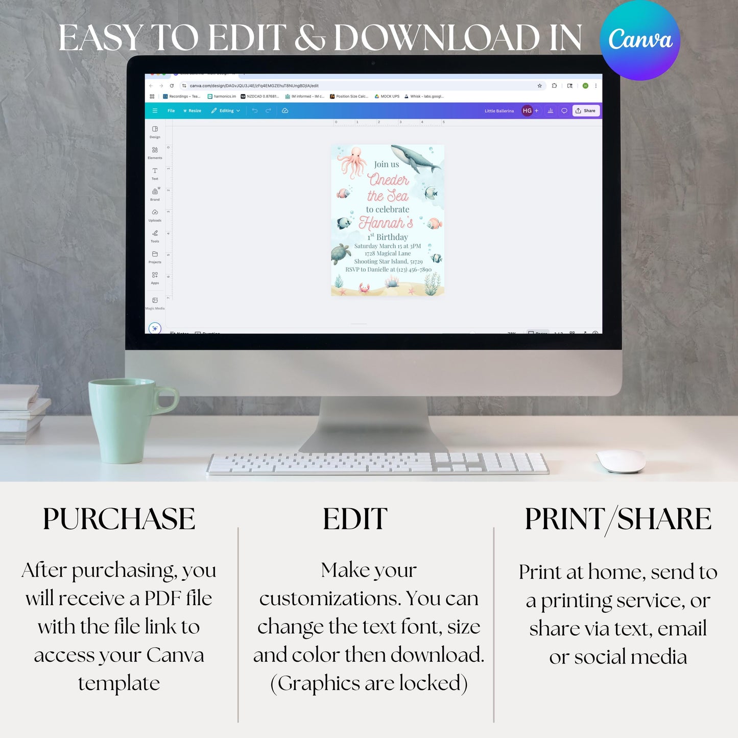 Oneder the Sea Birthday Invitation Ocean Birthday Party Invitation  Printable Ocean Animals 1st Birthday Invite Editable Template