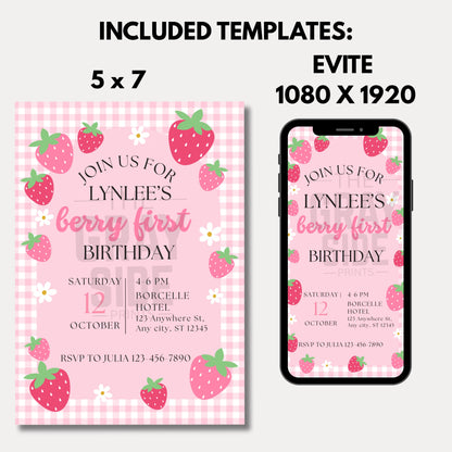 Berry First Birthday Invitation Strawberry 1st Birthday Party Invite Editable Girl Birthday Template Instant Download |Sweet One Theme